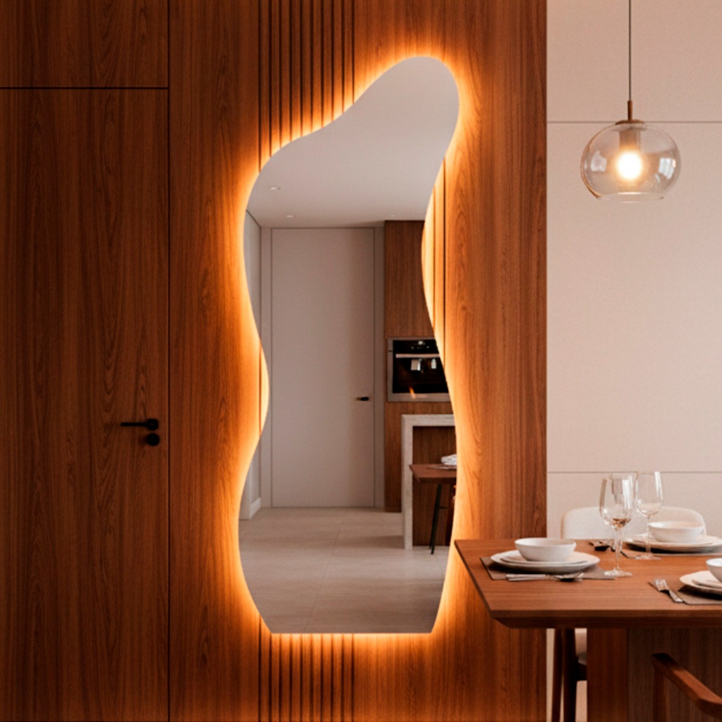 Espelho Decorativo Orgânico Led 170x70 Suporte de Parede Curves Para Sala Quarto Banheiro Escritório