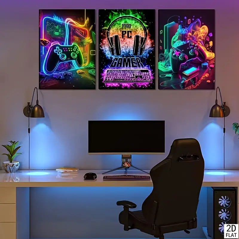 Quadro Gamer Neon 3 Peças Decorativo Kit Painel Parede LED RGB Controle Playstation Xbox PC | Decoração Quarto Escritóri