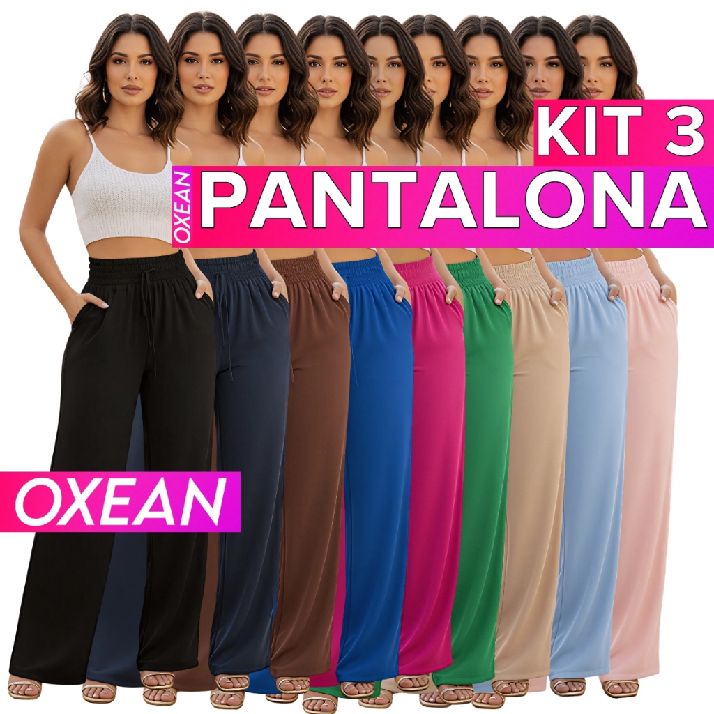 Kit 3 Calças Feminina Pantalona Cintura Alta Tecido Duna em Oferta na Shopee