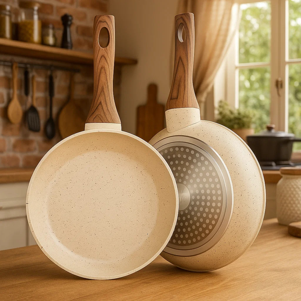 Imagem Frigideira Antiaderente Indução Cerâmica  Para Ovo Vanilla Cream Branca Bege Fundo Triplo Premium