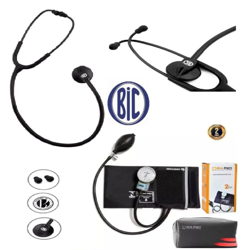 Kit Estetoscópio Cardiológico Bic Standart Black Total Profissional Original + Esfigmomanômetro Com Bolsinha Pa med.