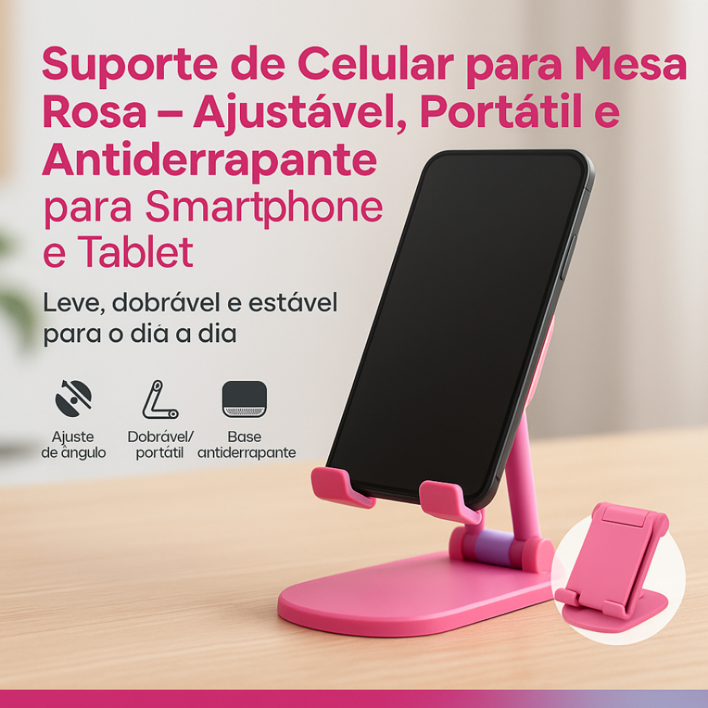 Suporte de Celular para Mesa Rosa – Ajustável, Portátil e Antiderrapante para Smartphone e Tablet