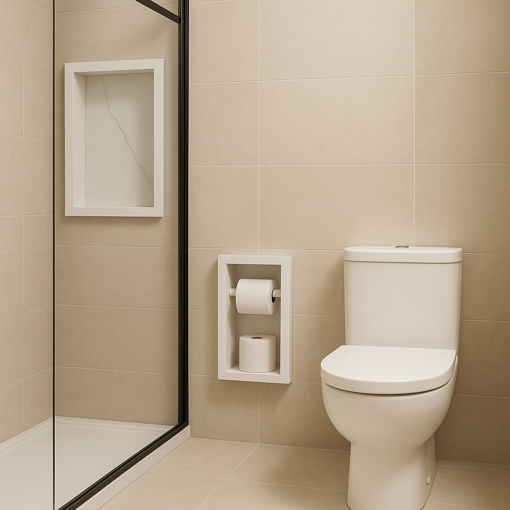 KIT Nichos em Porcelanato com Borda de Alumínio + Papeleiro Duplo para Banheiro-COR BRANCO