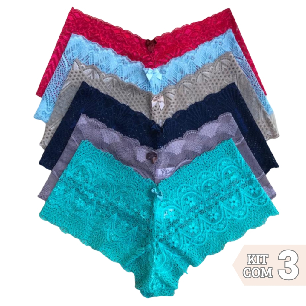 Kit 3 Calcinha Caleçon Plus Size Shortinho Renda Moda Íntima Tamanho Grande Feminina