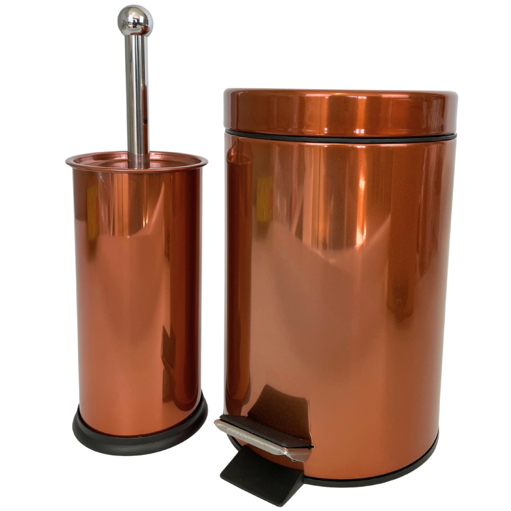 Lixeira 3 Litros Rose Gold Inox Para Banheiro + Escova Sanitaria Limpeza Vaso Casa Golden
