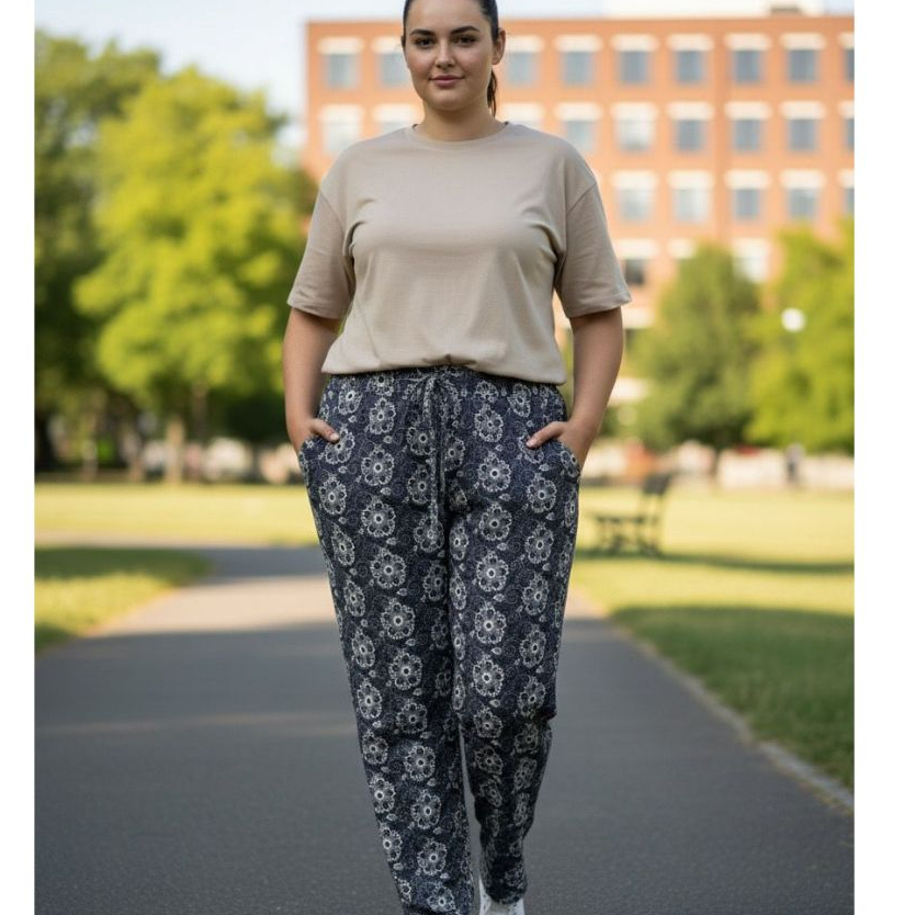Calça Estampado de Malha fria, Soltinho, Leve e Fresquinho. Com Elástico na Cintura e com Bolsos.