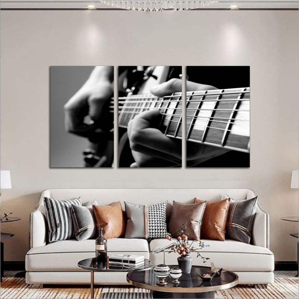 Kit Quadro Decorativo 3 peças Violão Preto Branco Sala Studio aulas de violão