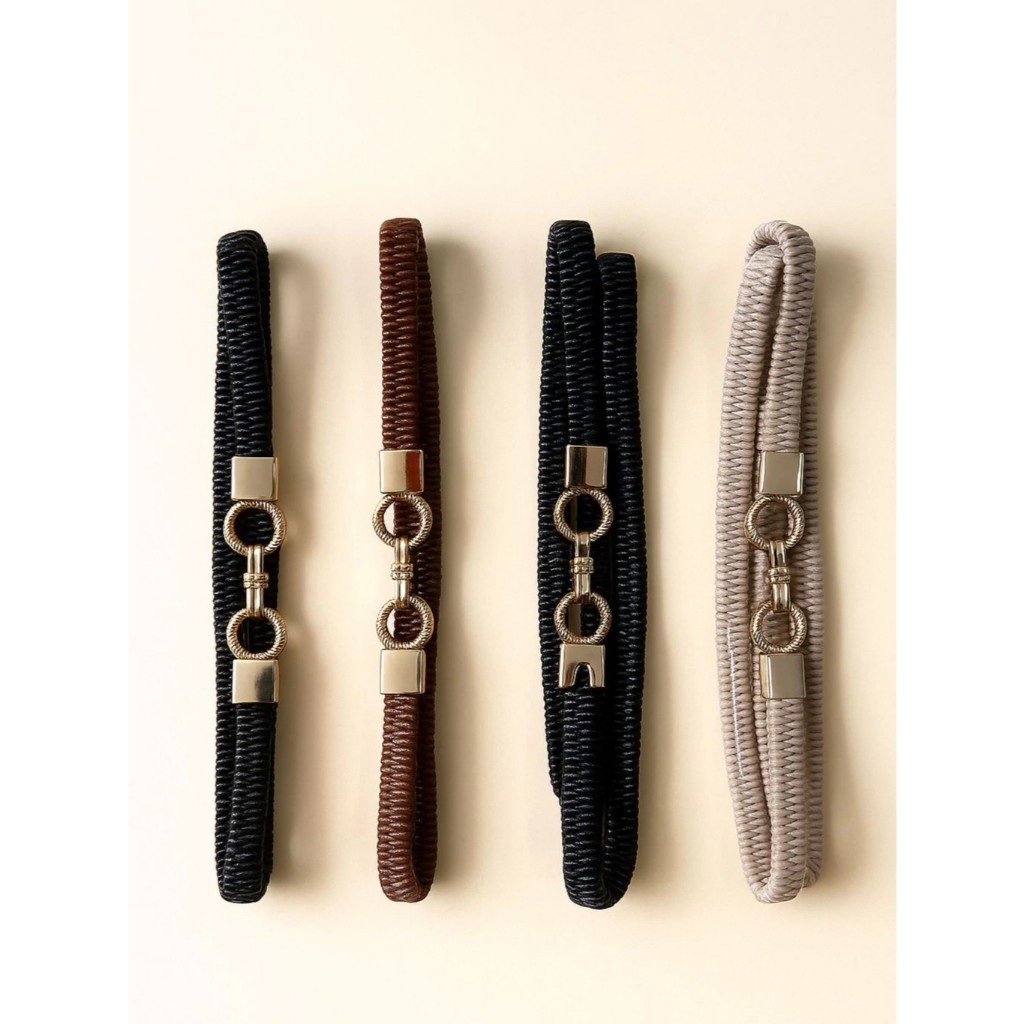 Cinto Feminino Fino Elástico com Fivela De Metal Dourada Estilo Casual e Elegante Para Uso Diario