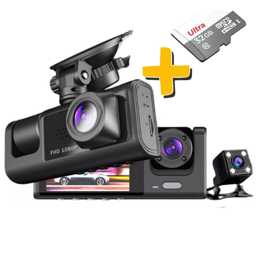 Kit Câmera Veicular Tripla Segurança Carro Taxi Uber 99 Full Hd Gravador Automotivo + Cartão 32GB