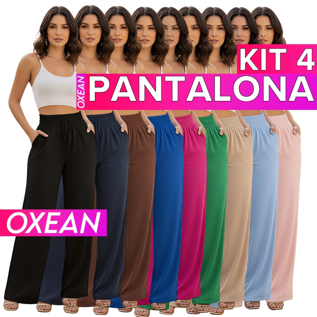 Kit 4 Calças Feminina Pantalona Cintura Alta Tecido Duna