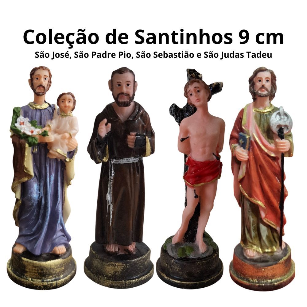 Coleção de Santos de Resina Miniatura 9 cm Santinhos - São José, Padre Pio, São Sebastião, São Judas