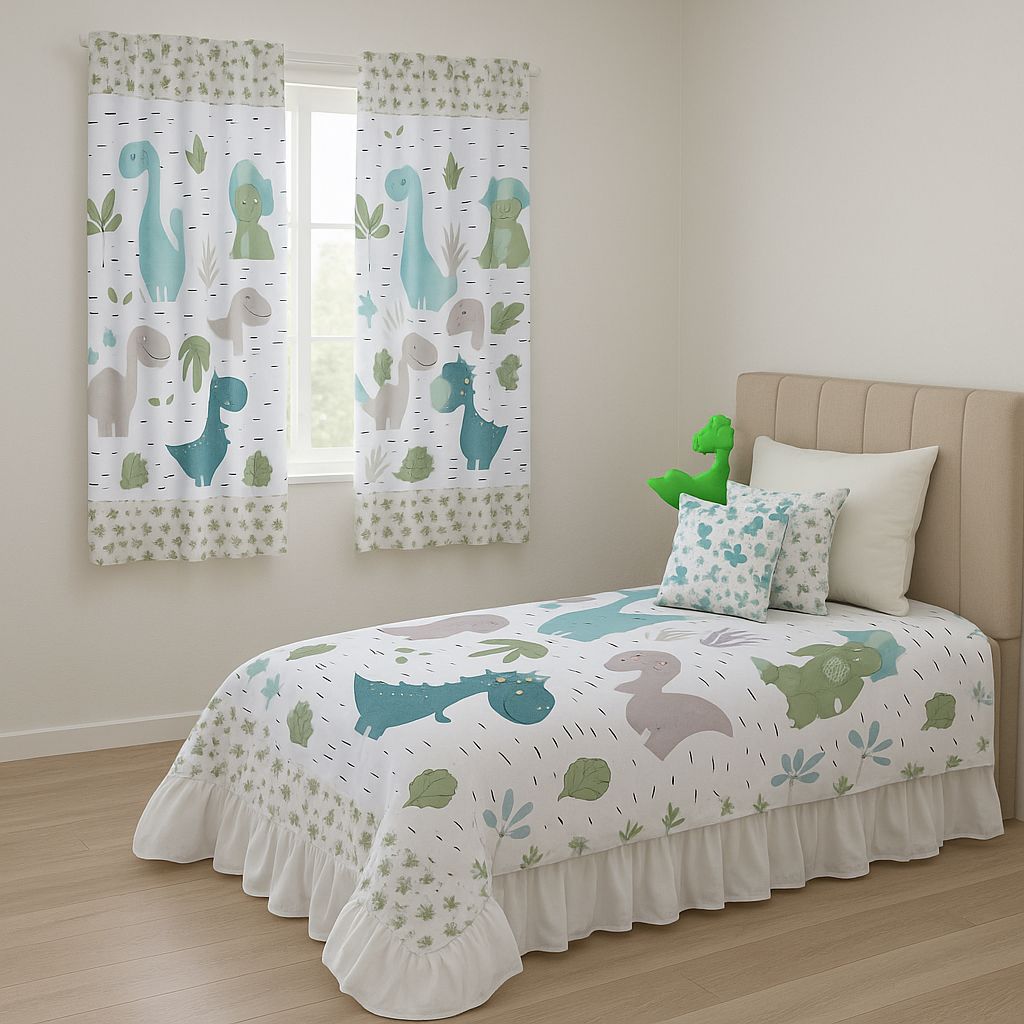 Kit Cortina 2M Dinossauro + Colcha Cobre Leito Solteiro 07 Peças Para Quarto infantil /Menino