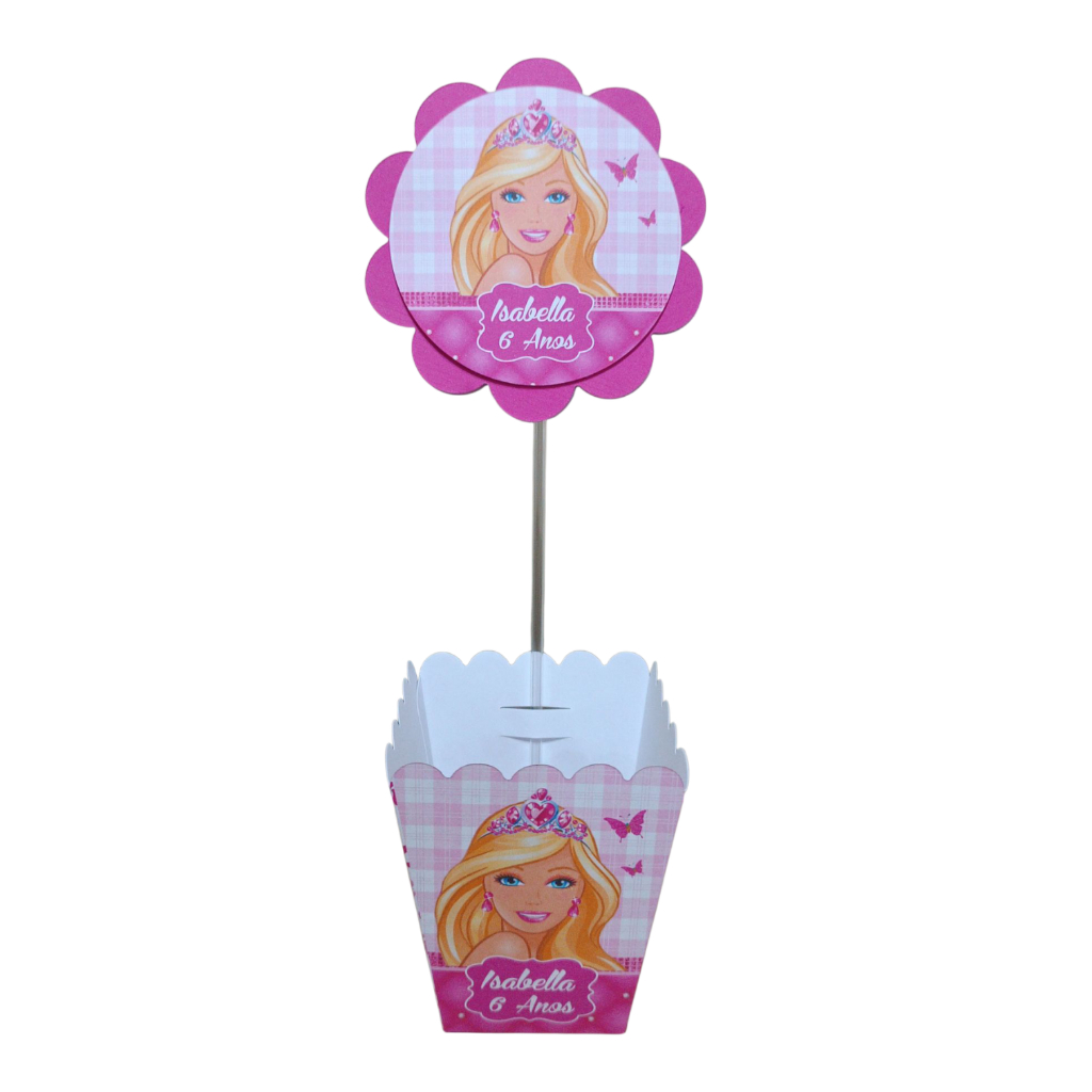 10 Centros de Mesa C/ Aplique Barbie Cachepot Decoração Festa Pré Montados