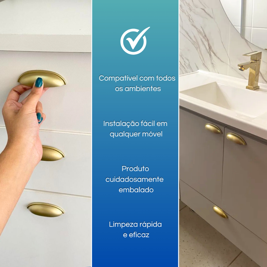 Kit com 4 Puxadores Concha para Gavetas, Armários, Móveis em Geral, Dourado Fosco, Decorativo