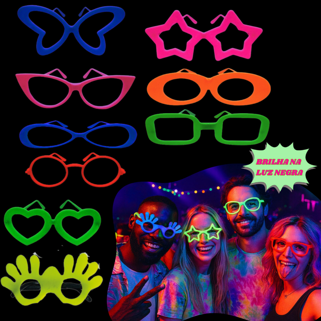 Kit Óculos Neon 25 pcs Balada Casamento Divertidos Sortidos Coloridos Brilha na Luz Negra Escolha em Oferta na Shopee
