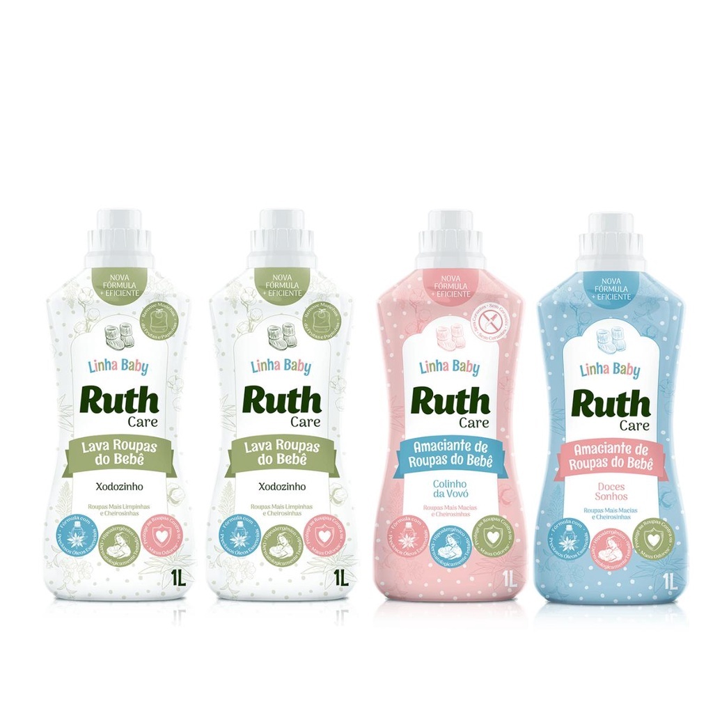 Kit  2 Lava Roupas Ruth Baby Xodozinho + 1 Amaciante Ruth Baby Colinho da Vovó + 1 Amaciante Ruth Baby Doces Sonhos