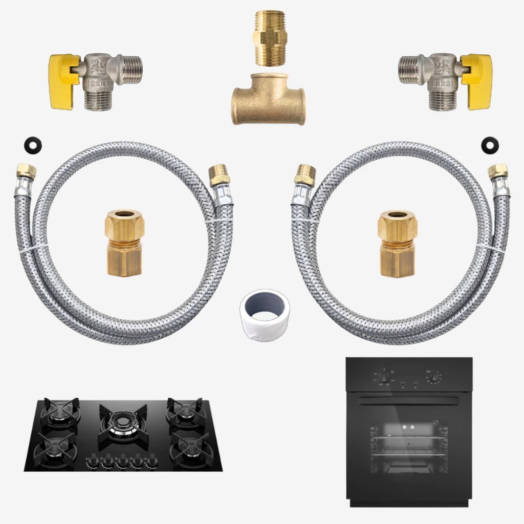Kit Duplo Cooktop Forno Fogão Mangueiras 80cm Dupla Instalação Gás Encanado Gn Glp