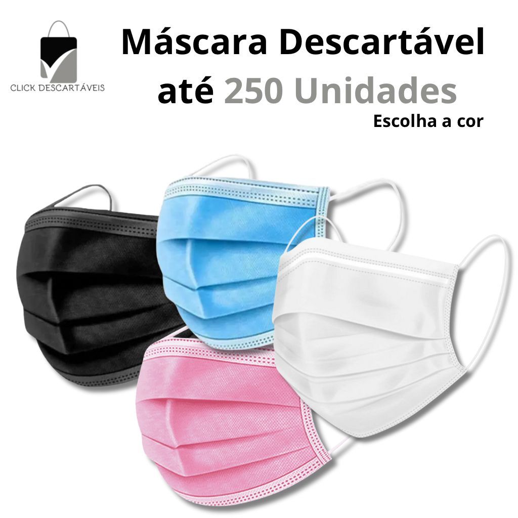 Kit até 250 Máscara Descartável Preta, Rosa, Branca Azul - Tripla Camada - Clipe Nasal