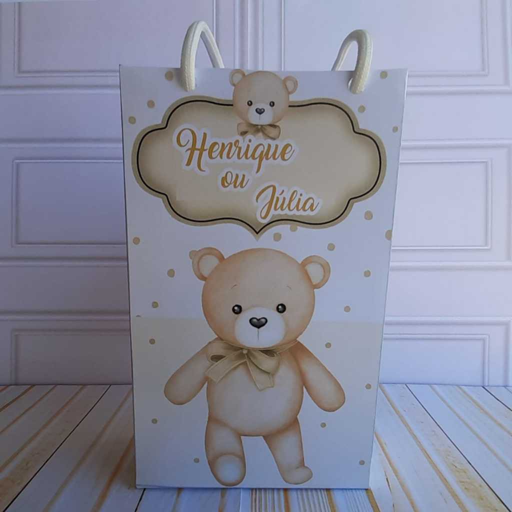 PEGUE E MONTE - Sacolinha Surpresa Personalizada Chá de Bebê Ursinho Dourado - Chá Revelação Lembrancinha para Festa