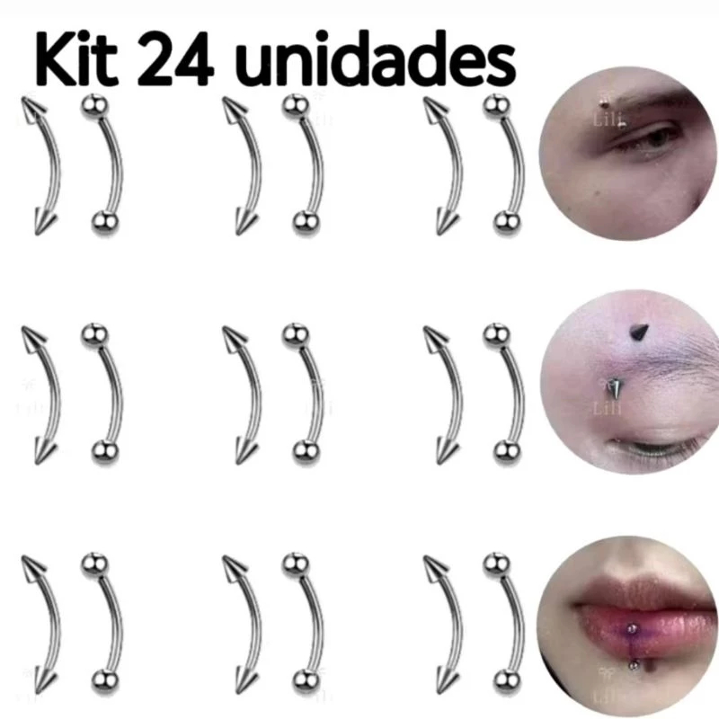 Kit 24 Piercings Bananinha Bolinha + Spike Sobrancelha Orelha Aço cirúrgico em Oferta na Shopee