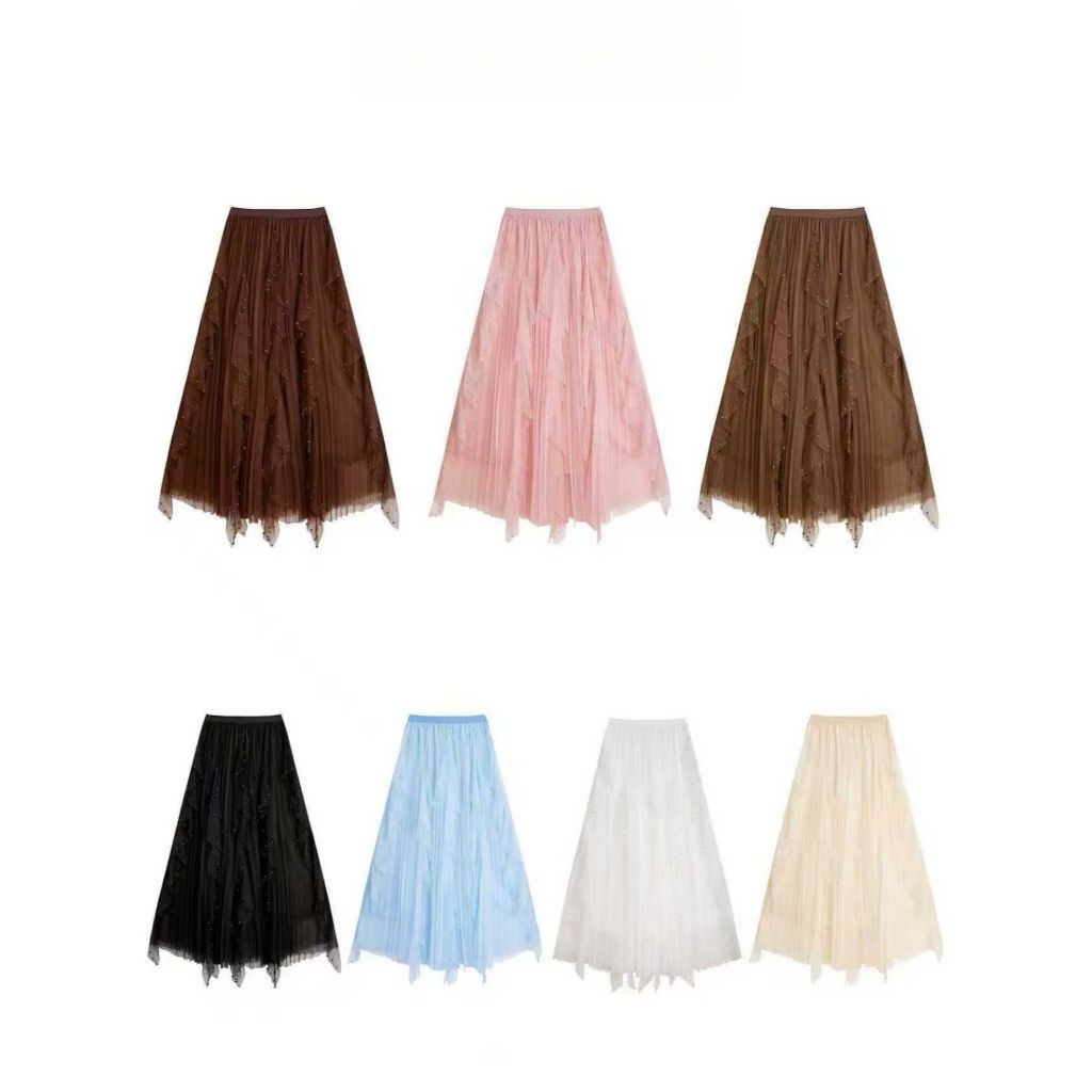 Saia de tule com contas irregulares para mulheres 2025 nova saia plissada com cintura elástica e comprimento médio em Oferta na Shopee