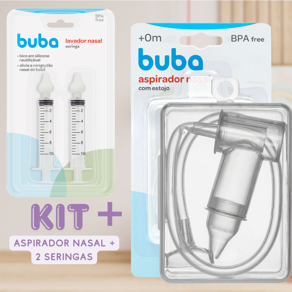 Kit Aspirador Nasal com Estojo + 2 Seringas Buba Bico de Silicone Cuidado Limpeza Nasal para Bebês