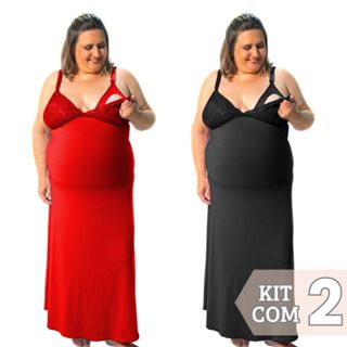 Kit 2 Camisola Longa Amamentação Plus Size Gestante com Renda para Pós-Parto em Oferta na Shopee