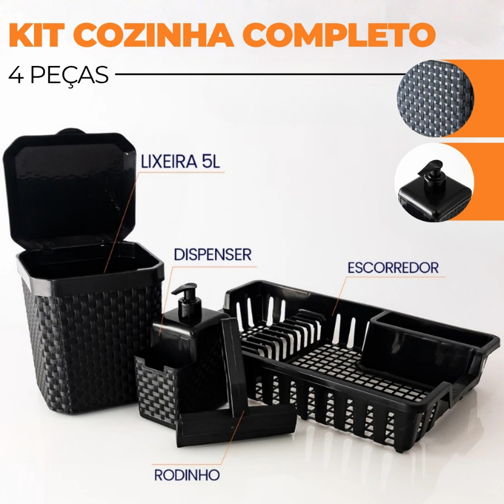 Kit Cozinha Escorredor De Louça + Lixeira de Pia 5 litros + Porta Detergente + Rodinho de Pia em Oferta na Shopee