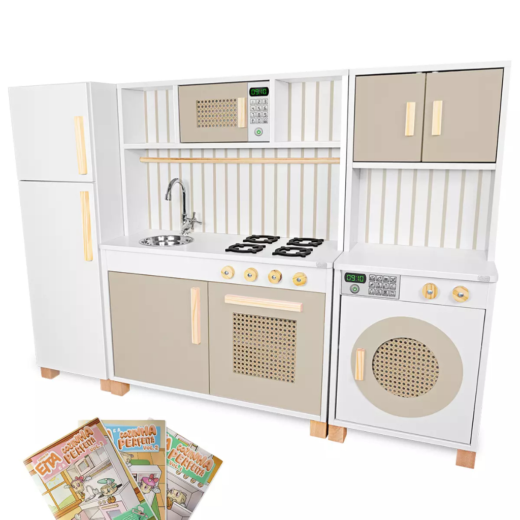 Kit Educativo Cozinha Infantil Retro Geladeira Máquina Lavar Madeira em Oferta na Shopee