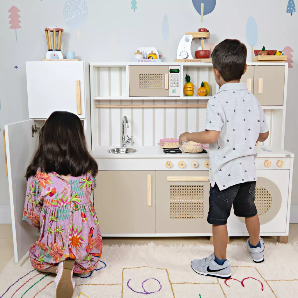 Cozinha Infantil Retro Geladeira Máquina Lavar Madeira Faz de Conta Chef Kit Livro Educativo · foto 2