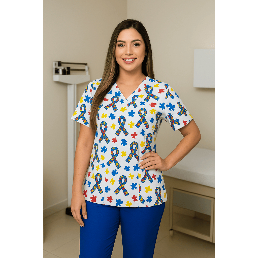 Pijama cirúrgico Blusa estampado AUTISMO | Pijama hospitalar |  Scrub feminino | BORDADO GRÁTIS