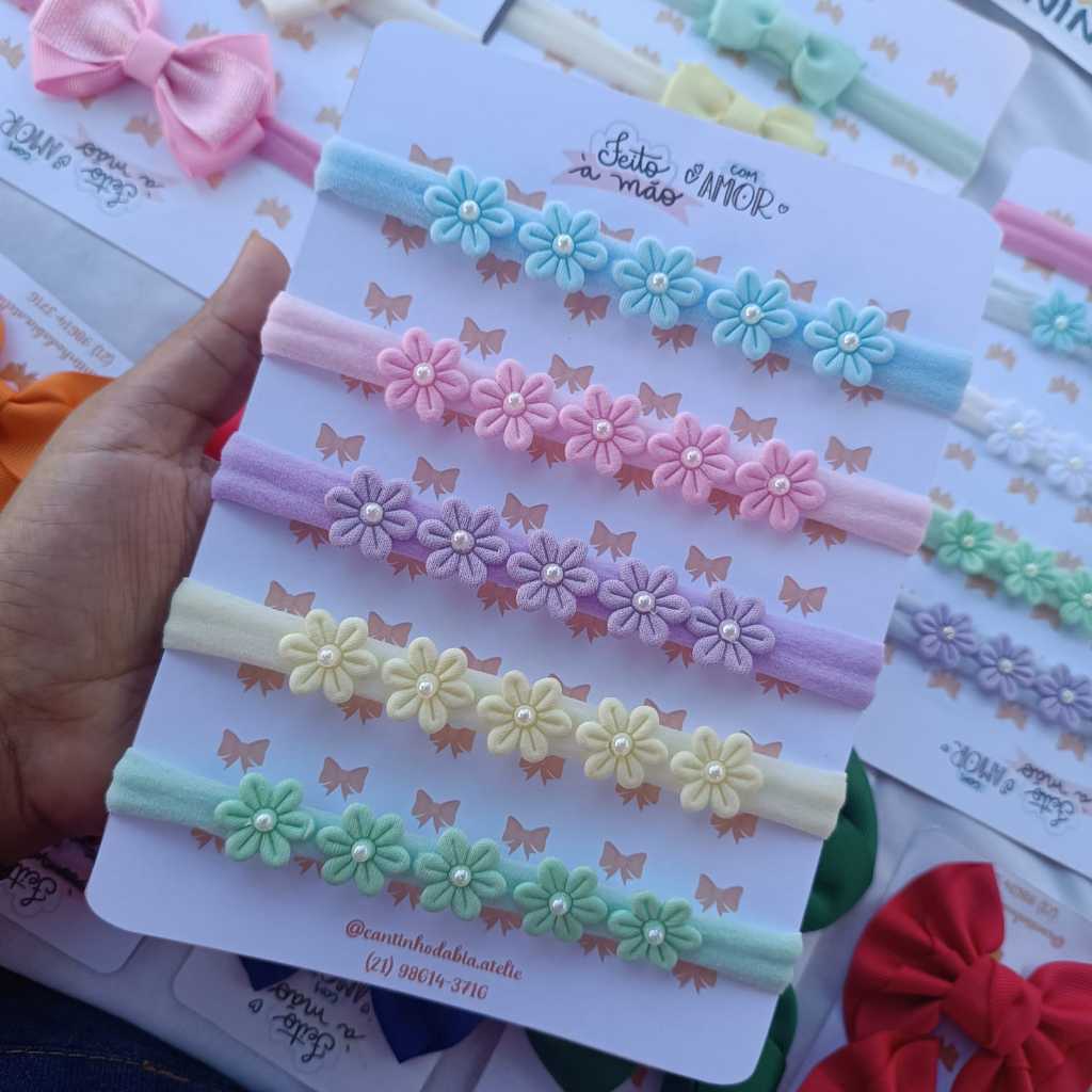 Kit 5 Faixinhas Bebê RN Menina | Saída Maternidade com Laço e Flores