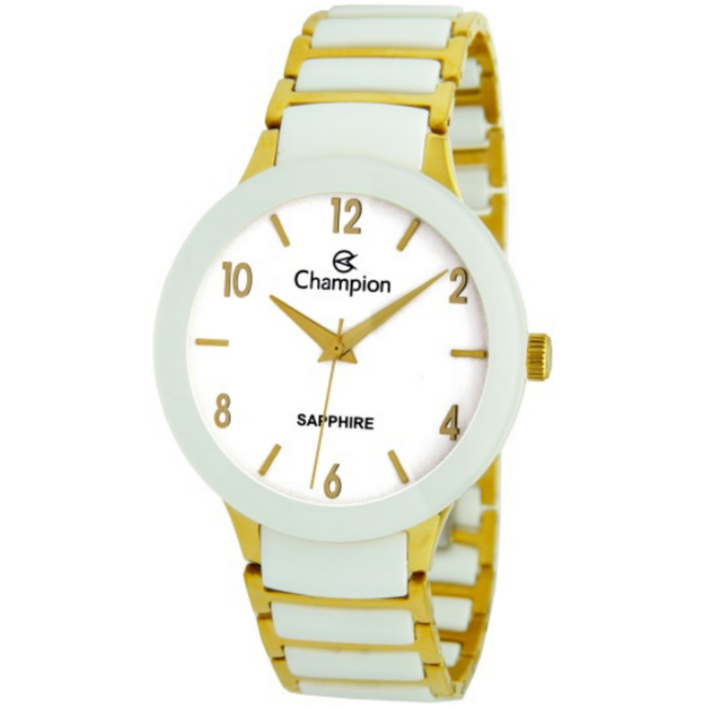 Relógio De Pulso Champion Cerâmica Vidro Safira Branco Dourado Elegante Estiloso