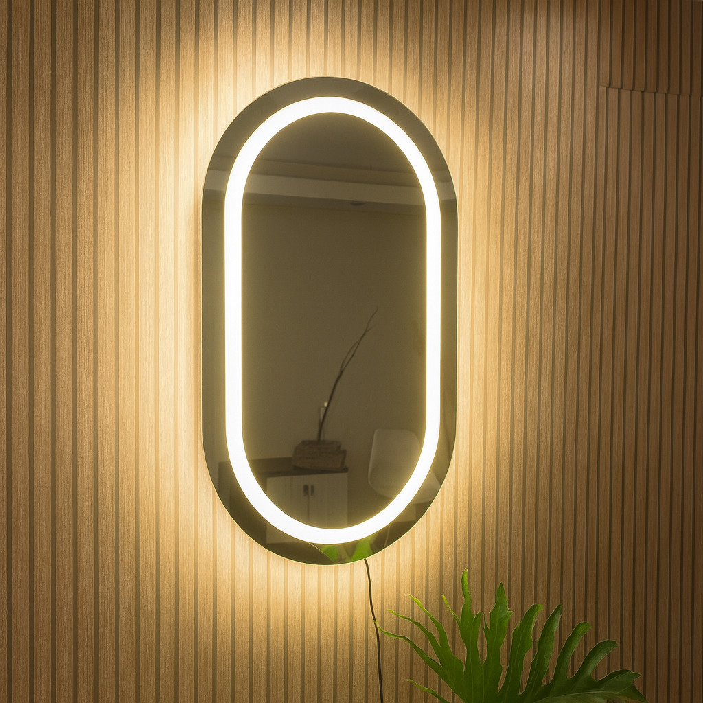 Espelho Oval EL07 Polido com Led Jateado Luz Branca e Amarela Para Quarto Sala Banheiro Salão em Oferta na Shopee