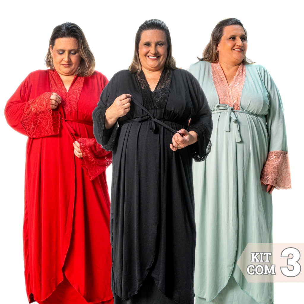 Kit 3 Robes Feminino Longo Plus Size Gestante Maternidade Pós Parto Roupa Dormir e Banho