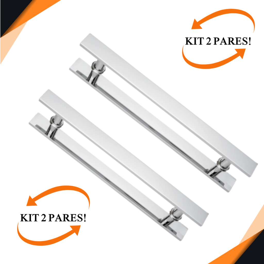 KIT 2 PARES, Puxador duplo H barra chata polido em alumínio para porta de correr ou abrir
