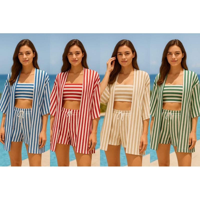 KIT 3 conjunto feminino kimono listrada  SHORTS E  CROPPED COM BOJO TECIDO NAO AMASSA