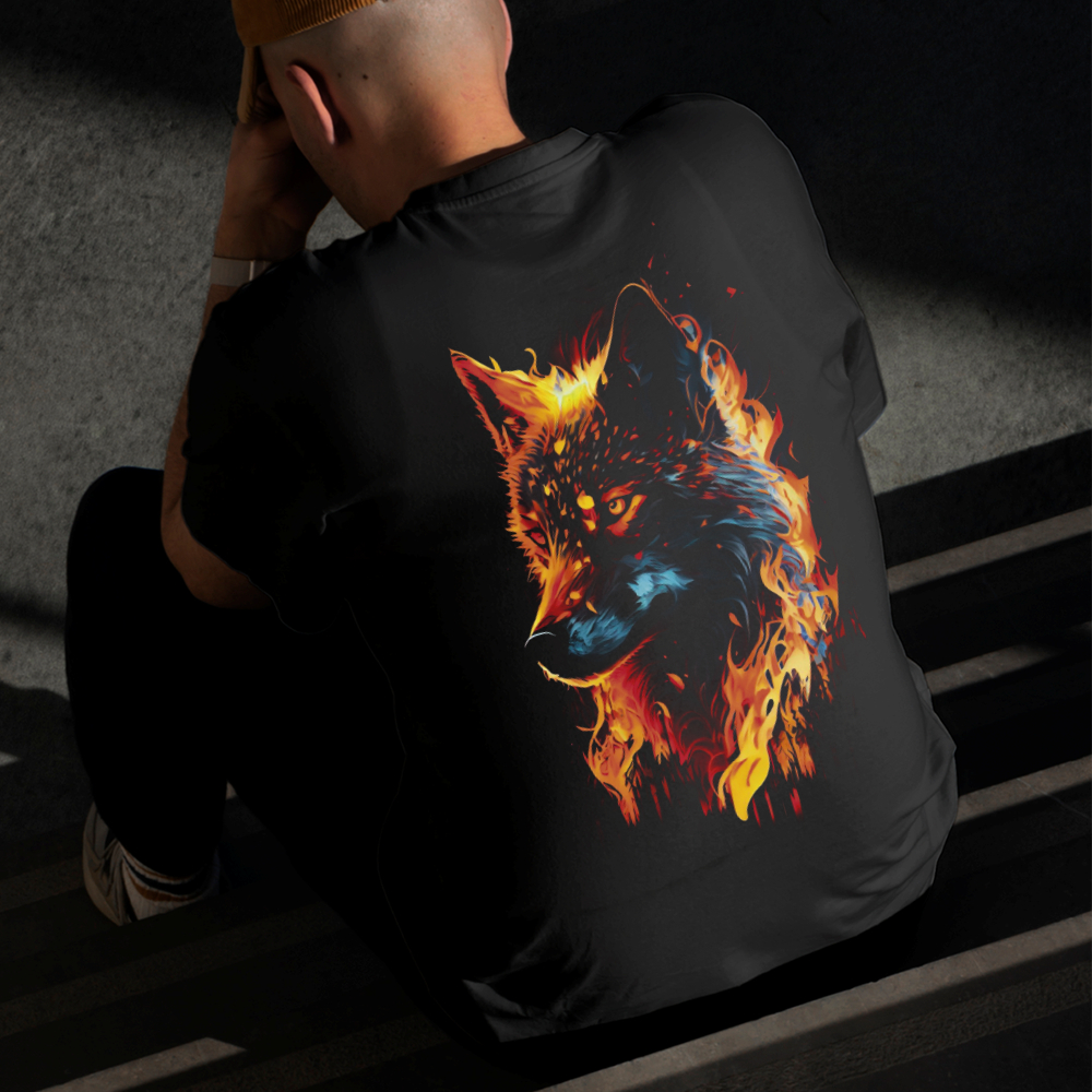 Camiseta Masculina Estampada Lobo de Fogo 100% Algodão Estilo Conforto Diário Do Tamanho P ao GG