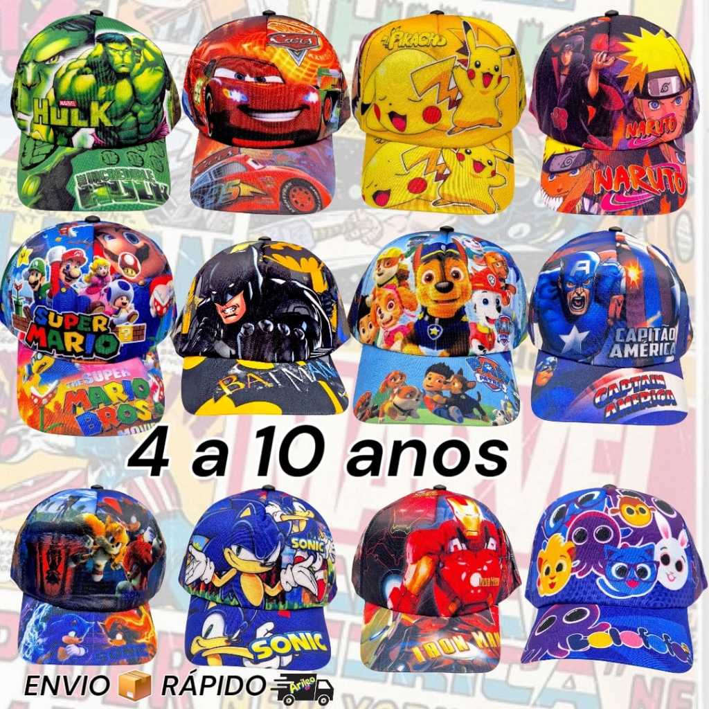 Boné Infantil com Tela Atrás 4 a 10 Anos | Personagens | Circunf. 52 a 57cm Ajustável