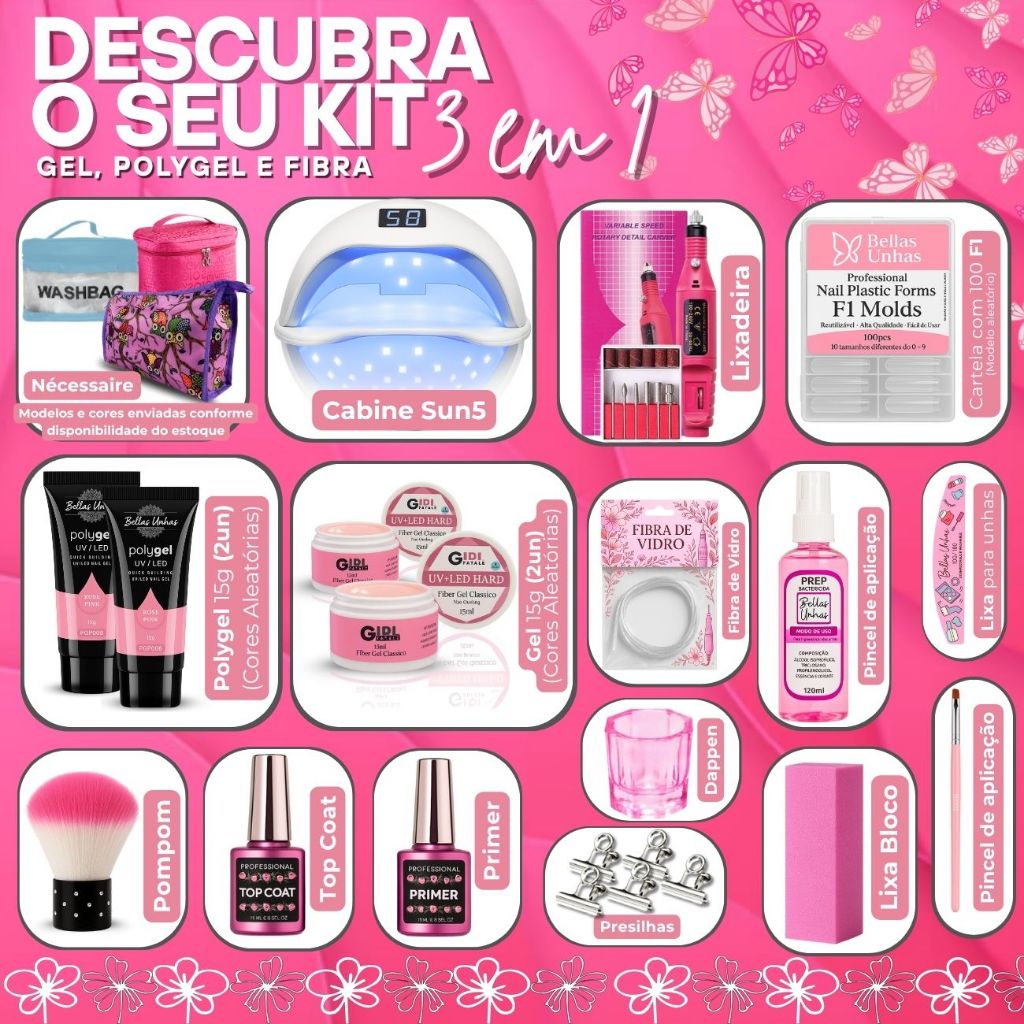 Kit Alongamento de Unha em Gel, Polygel Poligel e Fibra 3 em 1 Completo Cabine Lixadeira Nécessaire