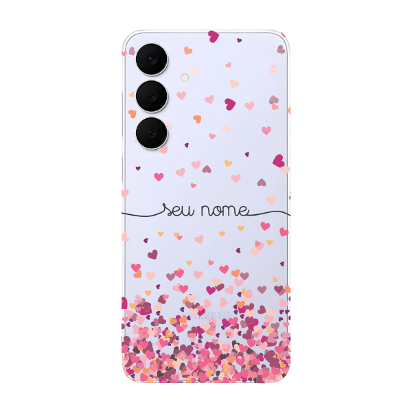 Capinha para Samsung S25 FE Anti Impacto Personalizada - Chuva de corações rosa com nome