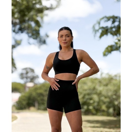 Conjunto Fitness Feminino Top Nadador com Bojo + Shorts Cós Alto | Transparência nas Costas | Poliamida e Elastano