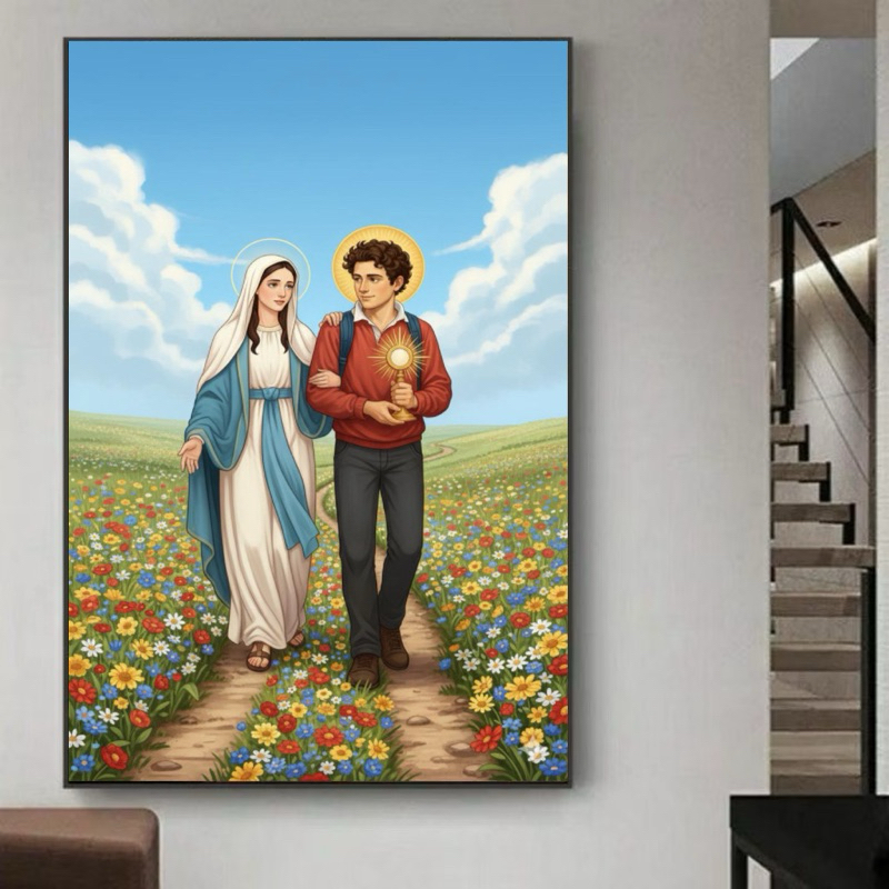 Quadro Decorativo São Carlo Acutis e Nossa Senhora Caminhando Para Decoração de Quarto Sala Escritório Quadro Religioso