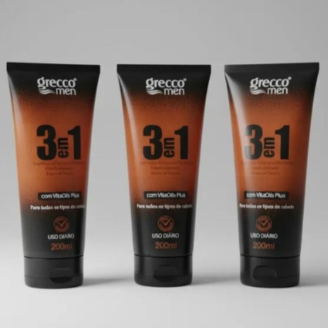 KIT MASCULINO CABELO E BARBA SHAMPOO CONDICIONADOR 3X1 GRECCO MEN HIDRATA FORTALECE 200ML
