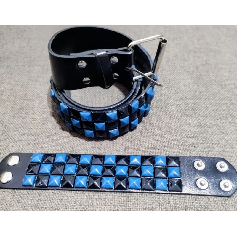 Kit Cinto e Bracelete Pirâmides Preto e Azul Triplo