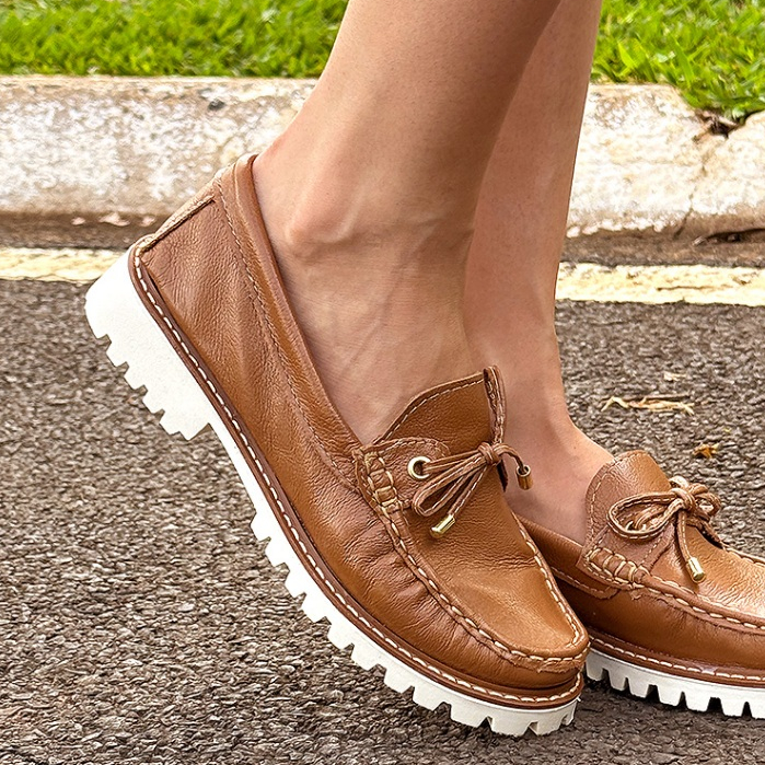 Mocassim Feminino De Couro Caramelo Elegante Social Modelo Tratorado Moderno em Oferta na Shopee