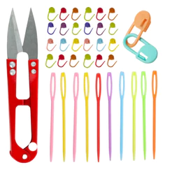 Kit Marcador Ponto Tesoura arremate Agulha tapeceiro bordado Croche Trico costura