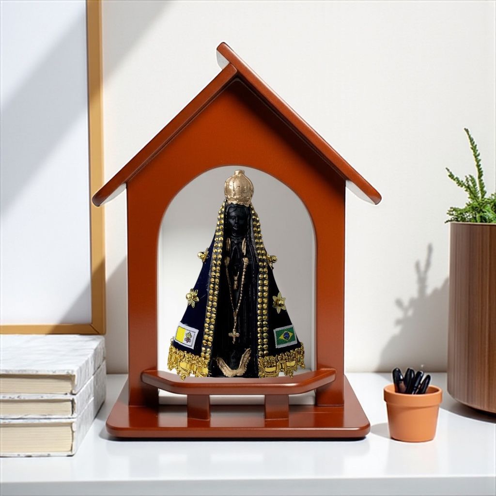 Oratório Capela Madeira Com Imagem Nossa Senhora Aparecida 15cm