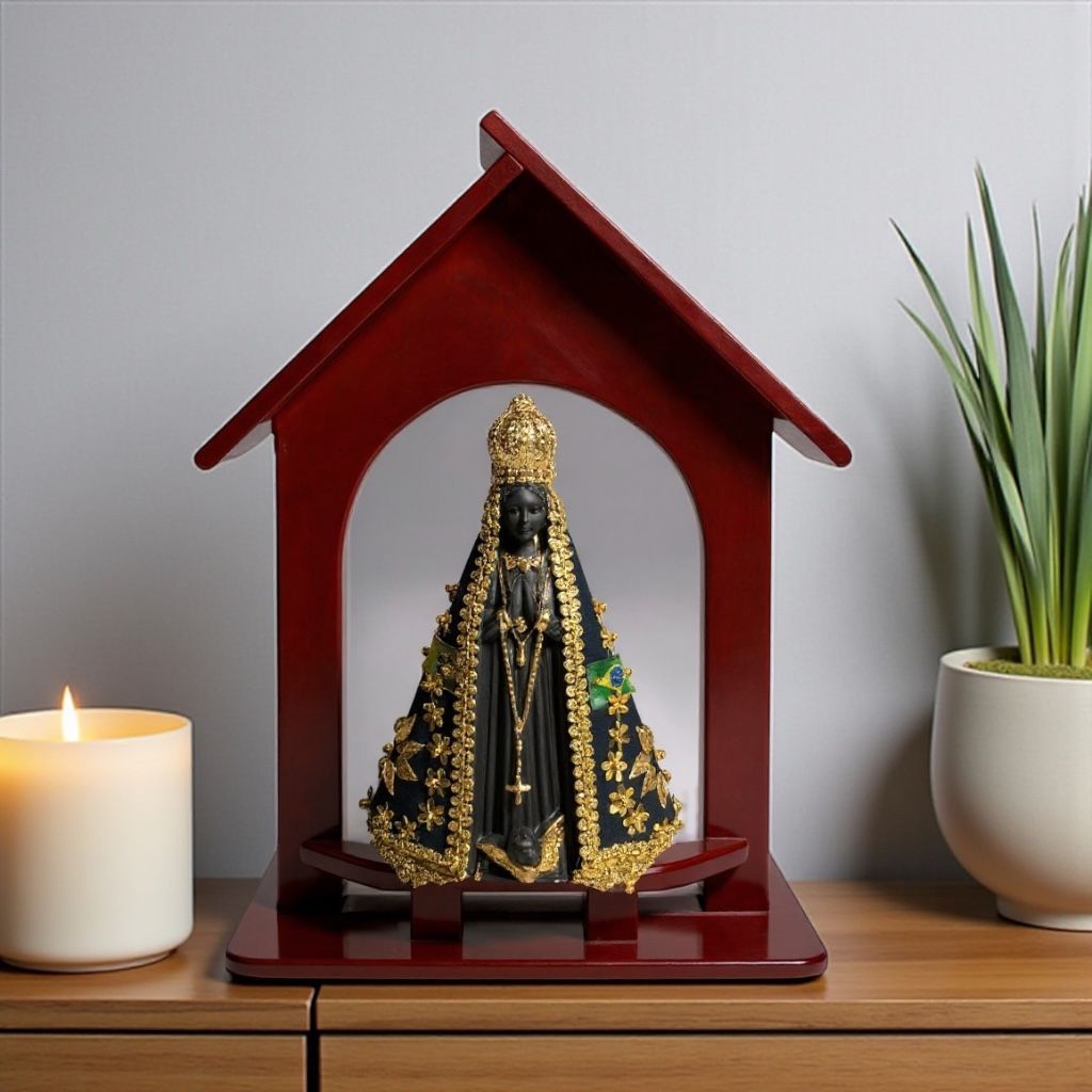 Oratorio Capela Madeira Com Imagem Nossa Senhora Aparecida 20cm