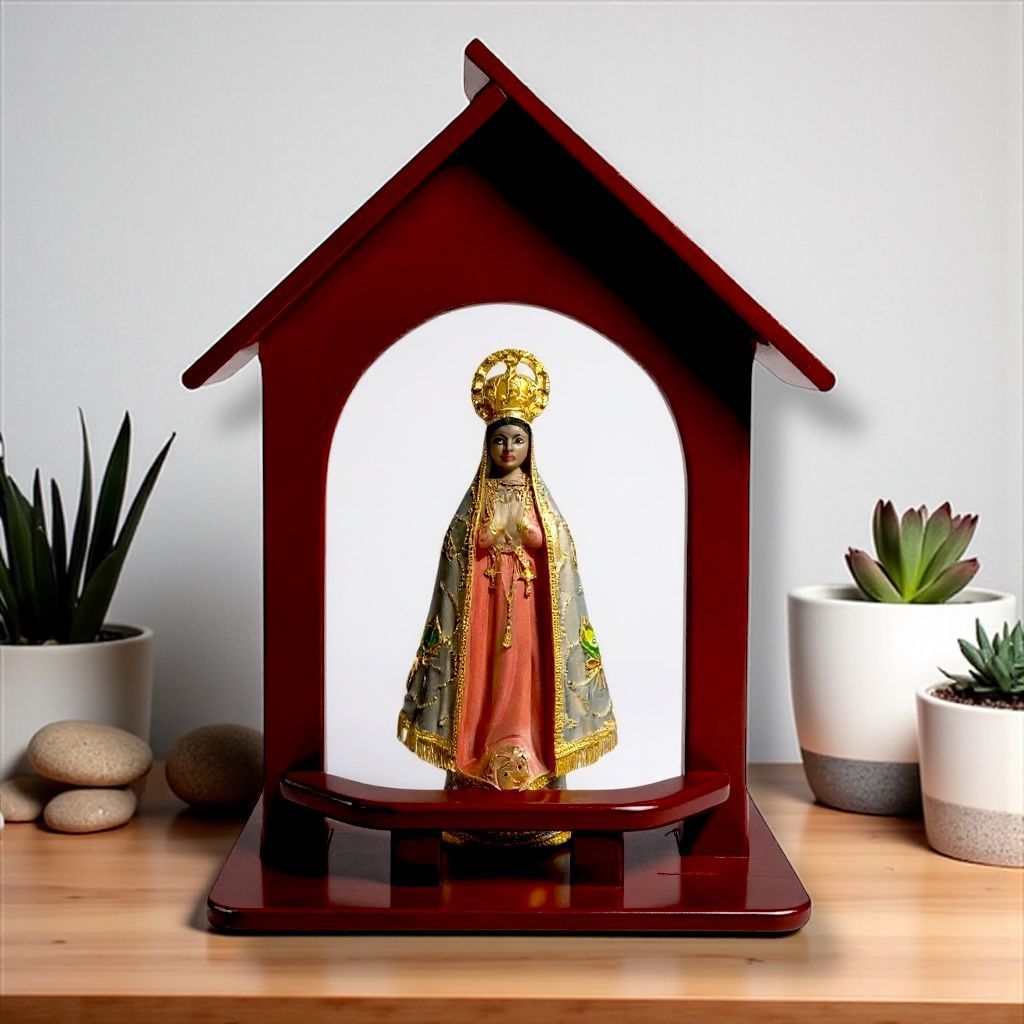 Oratório Capela Madeira Com Imagem Nossa Senhora Aparecida 12cm Resina